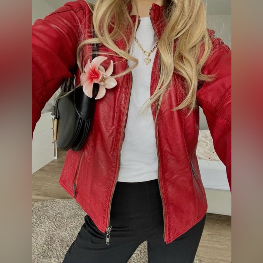 I.E. Genuine Leather Red Zip Jacket – Petite Medium